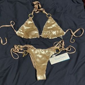 BEACH BUNNY SWIMWEAR SIREN SONG BRONZE / GOLD SEQUIN BIKINI Lg Top/ Med Bottom